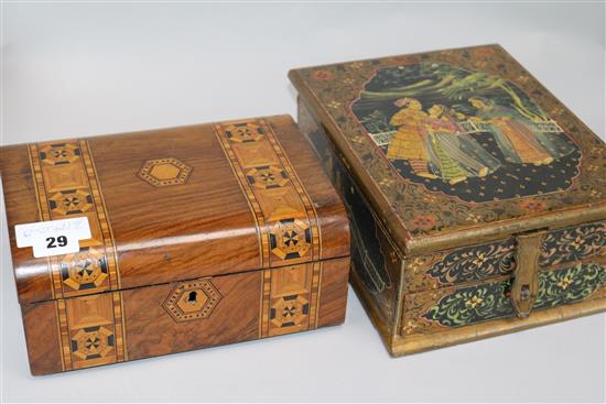 A Victorian walnut work box and a Persian toilet box 24 and 28cm